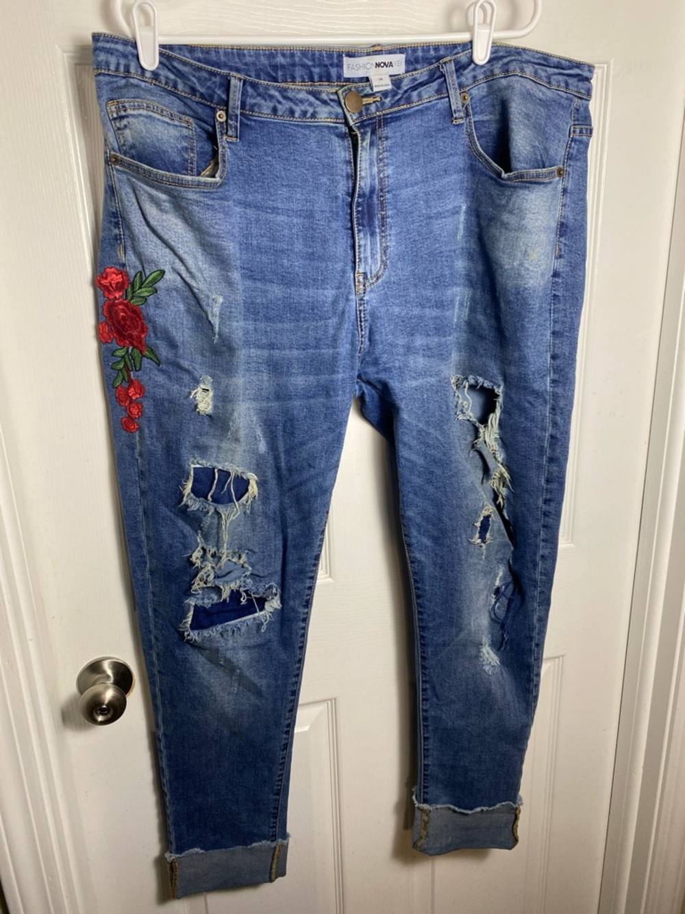 Fashion Nova Men Blue Distressed Cropped Jeans with Red Rose Embroidery